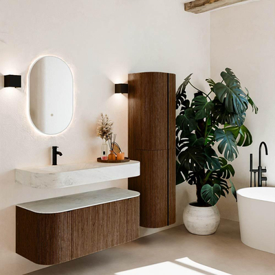 MONDIAZ THOR-DLUX 110cm badmeubel ronding links + rechts kleur Walnut met 1 lade en 2 deuren. Vrijhangende wastafel CLOUD Links 1 kraangat kleur Opalo.