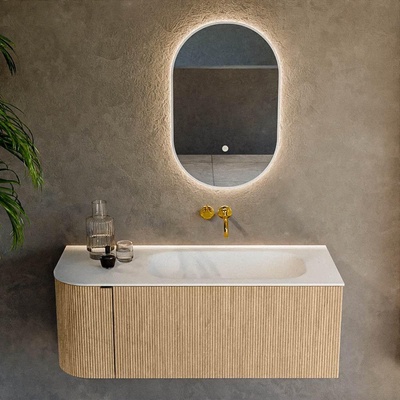 MONDIAZ KURVE Meuble de salle de bains 115 cm avec module 25 L couleur Oak avec 1 tiroir et 1 porte. Lavabo BIG SMALL à droite sans trou de robinet Talc.