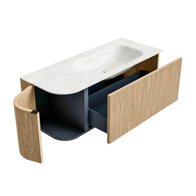 MONDIAZ KURVE-DLUX Meuble de salle de bains 115 cm avec module 25 L couleur Oak avec 1 tiroir et 1 porte. Lavabo BIG SMALL droit sans trou de robinet couleur Ostra.