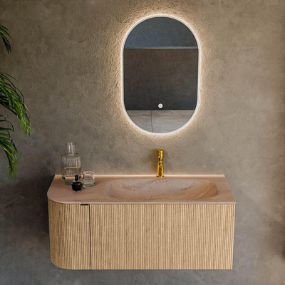 MONDIAZ KURVE-DLUX Meuble de salle de bains 105cm arrondi à gauche couleur Oak avec 1 tiroir et 1 porte. Lavabo BIG SMALL à droite 1 trou de robinet Saba.