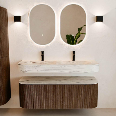 MONDIAZ THOR-DLUX 130cm badmeubel ronding links + rechts kleur Walnut met 1 lade en 2 deuren. Vrijhangende wastafel CLOUD Dubbel 2 kraangaten kleur Nata.