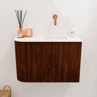 Mondiaz JOYA 61.6cm toiletmeubel - ronding links kleur Ruby - Wastafel FAYE positie Rechts Zonder kraangat kleur Talc.