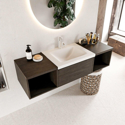 MONDIAZ BUKLA 140cm ensemble de meuble avec module ouvert 40 L+R couleur Marron Foncé avec 2 tiroirs. Lavabo CLOUD centre 1 trou de robinet couleur Talc.