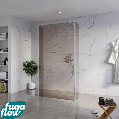 FugaFlow Eccelente Vetro Vrijstaande inloopdouche badkamer - 110x200cm - Rookglas - antikalk - 8mm veiligheidsglas - 2 zijwanden 30cm - met wandarmen en hoekprofielen - Chroom -