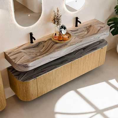 MONDIAZ THOR-DLUX 180cm meuble de salle de bains arrondi gauche + droite couleur Oak avec 2 tiroirs et 2 portes. Vasque suspendue CLOUD Double 2 trous de robinet couleur Sombra.