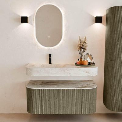 MONDIAZ THOR-DLUX 110cm meuble de salle de bains arrondi gauche + droite couleur Shadow avec 1 tiroir et 2 portes. Vasque suspendue CLOUD Gauche 1 trou de robinet couleur Frappe.