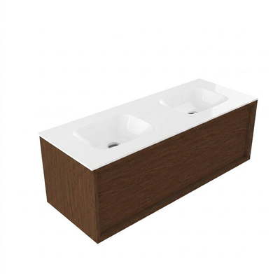 Saniclass Holz Frame Ensemble meuble de salle de bains - 120x45x41.5cm - Vasque Flow en solid surface blanc - 2 vasques - sans trous de robinet - 1 tiroir - walnut pure mat (bois)