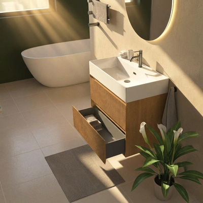 Saniclass Holz Atelier Ensemble meuble de salle de bains - 80x45x72cm - lavabo Legend en céramique blanc - 1 vasque - 1 trou de robinetterie - 2 tiroirs - chêne natural mat (bois)
