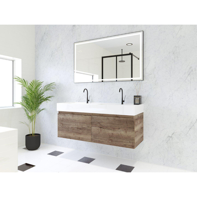 HR Matrix ensemble meuble de salle de bain 3d 120cm 2 tiroirs sans poignée avec bandeau couleur charleston avec vasque kube double 2 trous de robinetterie blanc