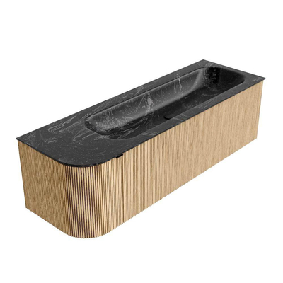 MONDIAZ KURVE-DLUX meuble de salle de bains 145 cm avec module 25 L couleur Chêne avec 1 tiroir et 1 porte. Lavabo BIG LARGE à droite sans trou de robinet couleur Lava.