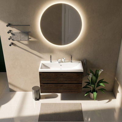Saniclass Holz Pure Ensemble de meubles de salle de bains - 100x45x63.5cm - lavabo en céramique Bari blanc - 1 vasque - 2 trous de robinet - 2 tiroirs - chêne charcoal mat (bois)