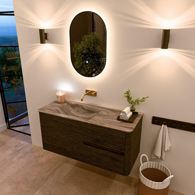 Mondiaz CIRO-DLUX Meuble de salle de bains - 110x45x50cm - Vasque en solid surface Sombra - 1 bassin à gauche - sans trous de robinet - 2 tiroirs - Shadow
