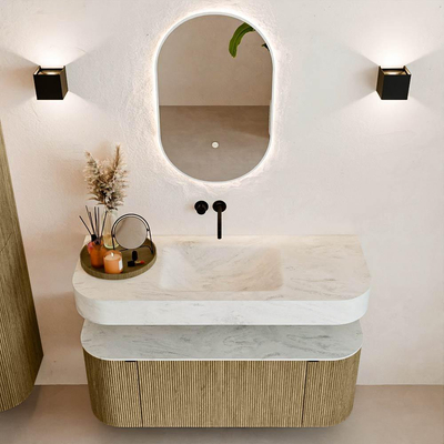 MONDIAZ THOR-DLUX 120cm meuble de salle de bains arrondi gauche + droite couleur Dusk avec 1 tiroir et 2 portes. Vasque suspendue CLOUD Milieu sans trou de robinet couleur Opalo.