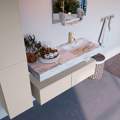 Mondiaz ALAN-DLUX Ensemble de meuble - 120cm - meuble Linen mat - 2 tiroirs - Lavabo Cloud Glace suspendu - vasque Droite - 1 trou de robinet