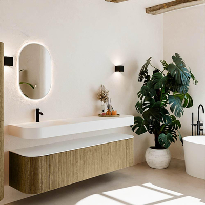 MONDIAZ THOR Meuble de salle de bains 180cm arrondi gauche + droite couleur Dusk avec 2 tiroirs et 2 portes. Vasque suspendue CLOUD Gauche 1 trou de robinet couleur Talc.