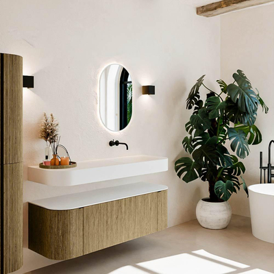 MONDIAZ THOR 140cm meuble de salle de bains arrondi gauche + droite couleur Dusk avec 1 tiroir et 2 portes. Vasque suspendue CLOUD Droite sans trou de robinet couleur Talc.