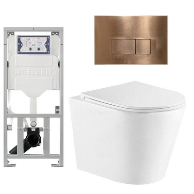QeramiQ Dely Pack WC cuvette sans bride 36.3x51.7cm avec bâti-support Geberit UP320 abattant WC blanc brillant frein de chute et plaque de commande Cuivre boutons Rectangulaires