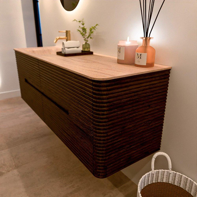 Mondiaz CIRO-DLUX Ensemble de meubles de salle de bains - 150x45x50cm - Plan-vasque Solid surface Saba - 1 lavabo à gauche - 1 trou de robinet - 4 tiroirs - Noyer