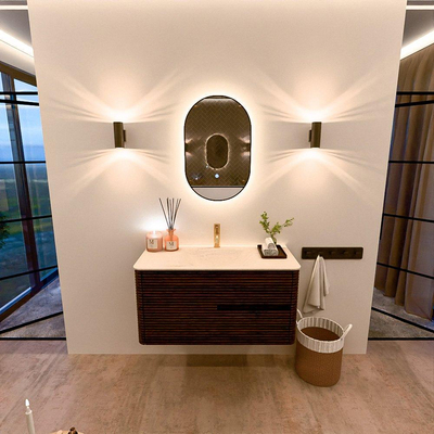 Mondiaz CIRO-DLUX Badkamermeubelset - 100x45x50cm - Solid surface wastafel Meli - 1 wasbak Midden - 1 kraangat - 2 lades - Walnut