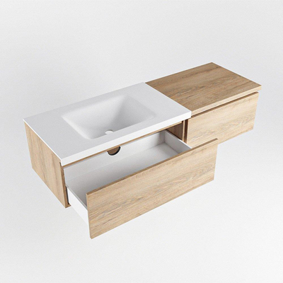 MONDIAZ BUKLA 140cm ensemble de meuble avec module 60 couleur Chêne blanchi avec 2 tiroirs. Lavabo CLOUD gauche 1 trou de robinet couleur Talc.
