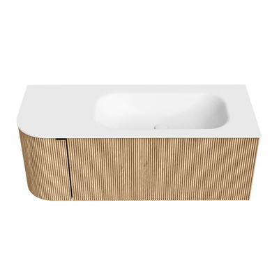 MONDIAZ KURVE Meuble de salle de bains 115 cm avec module 25 L couleur Oak avec 1 tiroir et 1 porte. Lavabo BIG SMALL à droite sans trou de robinet Talc.
