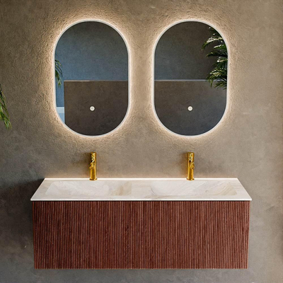 Ensemble de meuble de salle de bain Mondiaz KURVE-DLUX - 120x46x40cm - 1 tiroir - lavabo en solid surface - double - 2 trous de robinet - Ruby