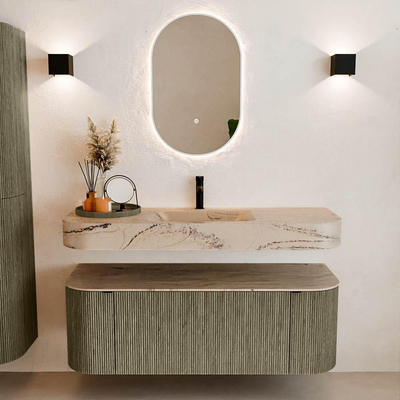 MONDIAZ THOR-DLUX 130cm meuble de salle de bains arrondi gauche + droite couleur Shadow avec 1 tiroir et 2 portes. Vasque suspendue CLOUD Milieu 1 trou de robinet couleur Arena.