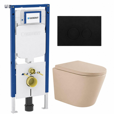 QeramiQ Dely Toiletset - 36.3x51.7cm - diepspoel - rimless - Geberit UP720 inbouwreservoir - softclose toilet zitting - 35mm - kunststof mat zwarte bedieningsplaat - ronde knoppen - mat beige