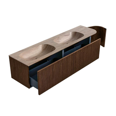 MONDIAZ KURVE-DLUX 175cm badmeubel ronding Rechts kleur Walnut met 2 lades en 1 deur. Wastafel STOR SMALL Dubbel / Links zonder kraangat Saba.