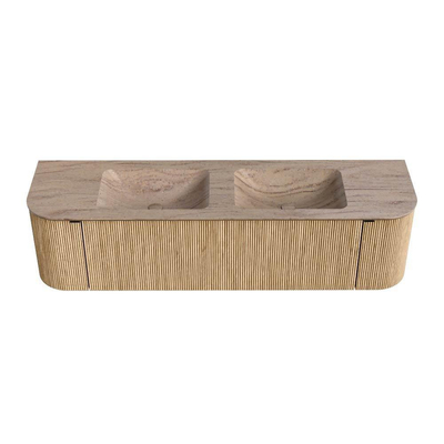 MONDIAZ KURVE-DLUX 170cm meuble de salle de bains arrondi Gauche + Droite couleur Chêne avec 1 tiroir et 2 portes. Lavabo LEAF Double 2 trous de robinet Saba.
