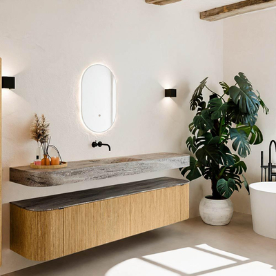 MONDIAZ THOR-DLUX 200cm meuble de salle de bains arrondi gauche + droite couleur Oak avec 2 tiroirs et 2 portes. Vasque suspendue CLOUD Milieu sans trou de robinet couleur Oza.