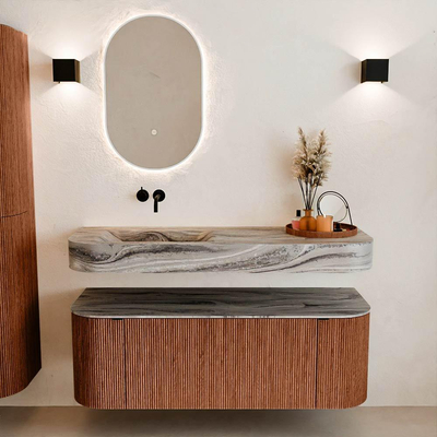 MONDIAZ THOR-DLUX 130cm meuble de salle de bains arrondi gauche + droite couleur Ruby avec 1 tiroir et 2 portes. Vasque suspendue CLOUD Gauche sans trou de robinet couleur Sombra.