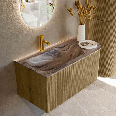 MONDIAZ KURVE-DLUX Meuble de salle de bains 95cm arrondi à droite couleur Dusk avec 1 tiroir et 1 porte. Lavabo BIG SMALL à gauche 1 trou de robinet Sombra.