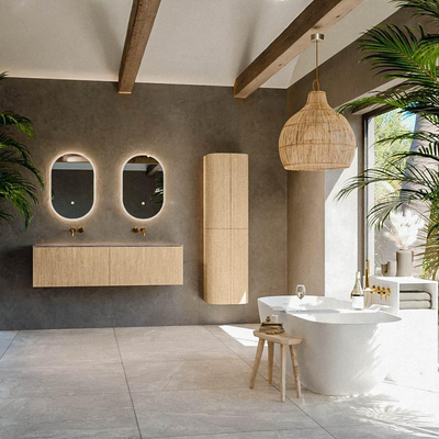 MONDIAZ KURVE-DLUX 150cm meuble de salle de bains couleur Oak avec 2 tiroirs et 0 portes. Lavabo STOR SMALL Double sans trou de robinet Oza.