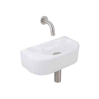QeramiQ Fuente Ensemble de Lavabo - 40x21.5x12cm - strié - demi-rond - céramique - ensemble de robinet en acier inoxydable brossé - bouchon de vidange - siphon réduit - blanc brillant