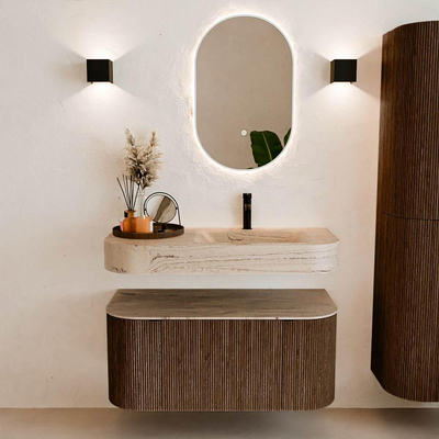 MONDIAZ THOR-DLUX 100cm meuble de salle de bains arrondi gauche + droite couleur Walnut avec 1 tiroir et 2 portes. Vasque suspendue CLOUD droite 1 trou de robinet couleur Arena.