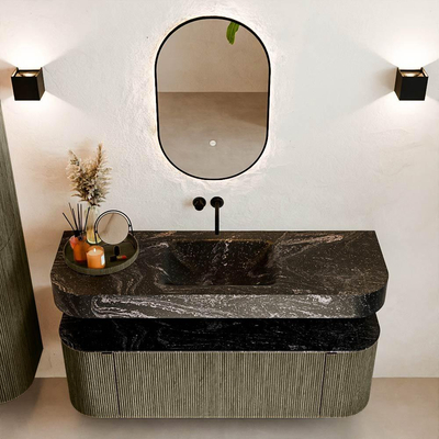 MONDIAZ THOR-DLUX 140cm meuble de salle de bains arrondi gauche + droite couleur Shadow avec 1 tiroir et 2 portes. Vasque suspendue CLOUD Milieu sans trou de robinet couleur Lava.