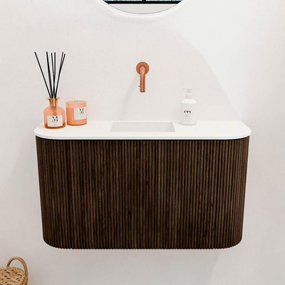 Mondiaz JOYA 73.2cm toiletmeubel - ronding links en rechts kleur Walnut - Wastafel FAYE positie Midden Zonder kraangat kleur Talc.