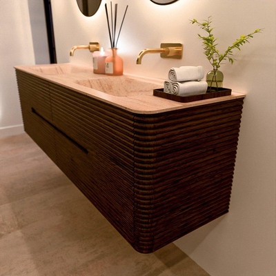 Mondiaz CIRO-DLUX Badkamermeubelset - 170x45x50cm - Solid surface wastafel Saba - 2 wasbak Dubbel - zonder kraangaten - 4 lades - Walnut