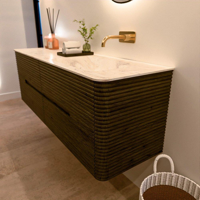 Mondiaz CIRO-DLUX Ensemble de meubles de salle de bains - 150x45x50cm - Vasque en solid surface Ostra - 1 lavabo à droite - sans trous de robinet - 4 tiroirs - Shadow