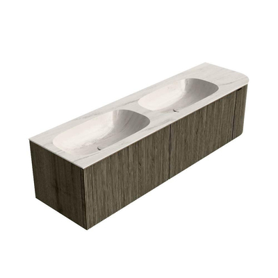 MONDIAZ KURVE-DLUX 165cm meuble de salle de bains arrondi Droite couleur Shadow avec 2 tiroirs et 1 porte. Lavabo STOR SMALL Double / Gauche sans trou de robinet Meli.