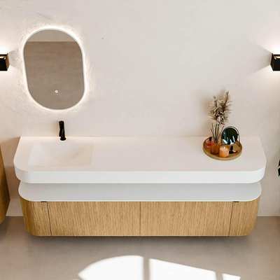 MONDIAZ THOR 200cm meuble de salle de bains arrondi gauche + droite couleur Oak avec 2 tiroirs et 2 portes. Vasque suspendue CLOUD gauche 1 trou de robinet couleur Talc.