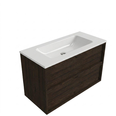 Saniclass Holz Frame Ensemble de meubles de salle de bains - 100x45x77.5cm - lavabo Torino en solid surface blanc - sans trou de robinetterie - 2 tiroirs - chêne charcoal mat (bois)