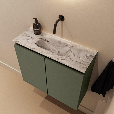 MONDIAZ TURE-DLUX Meuble toilette - 60cm - Army - EDEN - vasque Glace - position centrale - sans trou de robinet