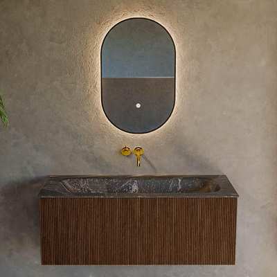 MONDIAZ KURVE-DLUX 110cm badmeubel kleur Walnut met 1 lade. Wastafel BIG MEDIUM midden zonder kraangat kleur Lava.