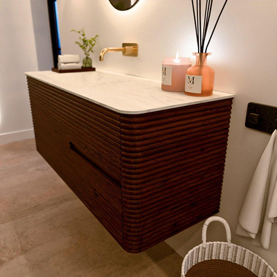 Mondiaz CIRO-DLUX Badkamermeubelset - 120x45x50cm - Solid surface wastafel Opalo - 1 wasbak Links - zonder kraangaten - 2 lades - Ruby