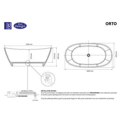 Best Design Orto vrijstaand bad 180x85x64cm inclusief sifon solid surface wit mat