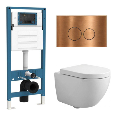Ensemble WC QeramiQ Dely Swirl Compact - réservoir encastré QeramiQ flush - abattant 25 mm - plaque de commande métallique cuivre - boutons ronds - blanc brillant