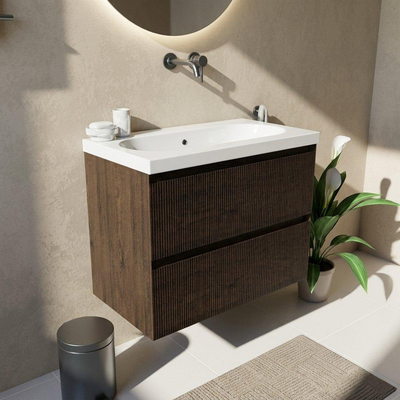 Saniclass Holz Atelier Ensemble de meubles de salle de bains - 80x45x63.5cm - lavabo en céramique Palermo blanc - 1 vasque - sans trou de robinetterie - 2 tiroirs - chêne charcoal mat (bois)