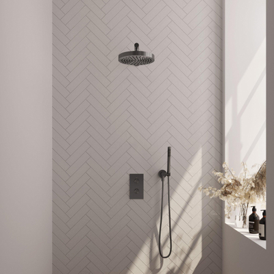 BRAUER Stripe Thermostatische Inbouw Regendouche - 3-weg - rechthoekig - 25cm douchekop - rechte muurarm - staaf handdouche - doucheslang - wandaansluitbocht - gunmetal geborsteld PVD